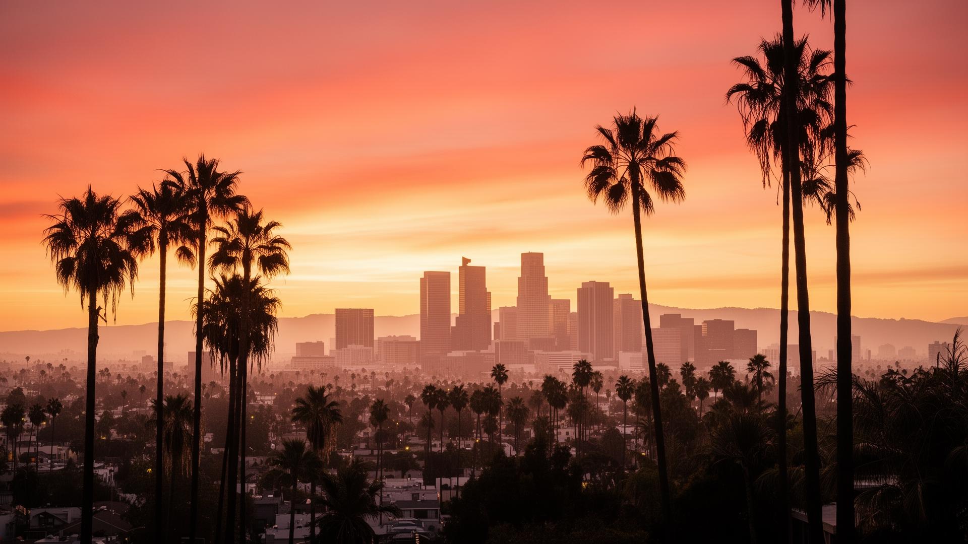 Los Angeles skyline silhouetted by palm trees at golden hour sunset